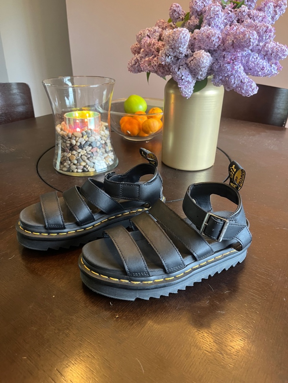 Dr. Martens- Blair Black Leather Sandals with Yellow Stitching. Size 6 Ladies